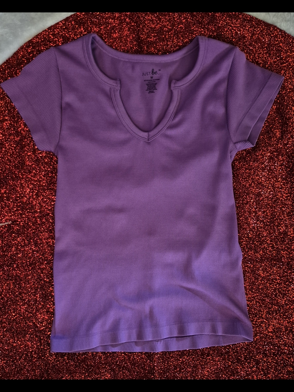 just be Lavender Ribbed Notch-Neck Short Sleeve Tee